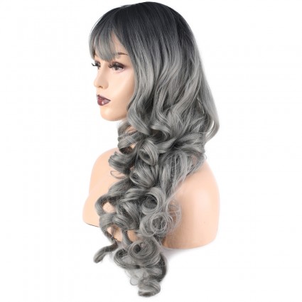 Dalgalı Perçemli Uzun Fiber Sentetik Peruk - Siyah / Gri Ombreli