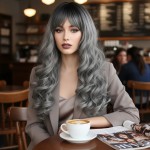 Dalgalı Perçemli Uzun Fiber Sentetik Peruk - Siyah / Gri Ombreli