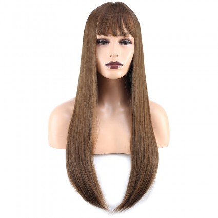 Düz Perçemli Uzun Fiber Sentetik Peruk - Kumral