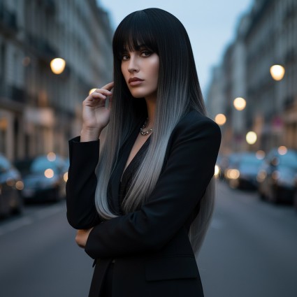 Düz Perçemli Uzun Fiber Sentetik Peruk - Siyah / Gri Ombreli