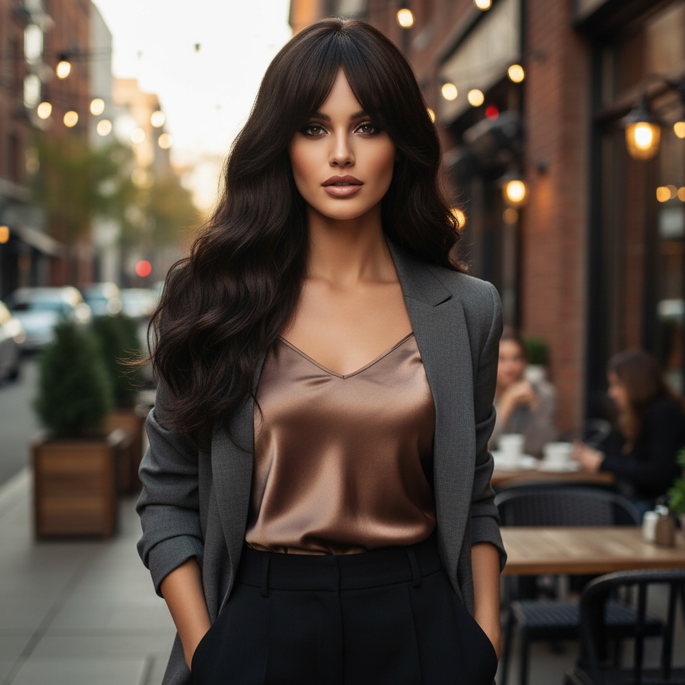 Dalgalı Perçemli Fiber Sentetik Orta Boy Peruk - Kahverengi