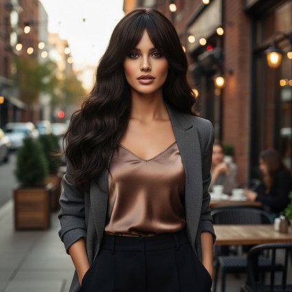 Dalgalı Perçemli Fiber Sentetik Orta Boy Peruk - Kahverengi