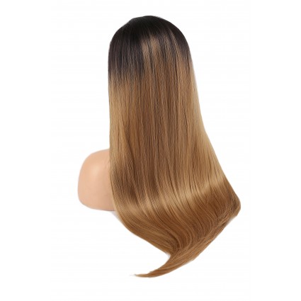 Fiber Sentetik Düz Uzun Tül Peruk - Siyah Karamel Orta Ombreli