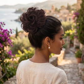 Saçlı Lastikli Topuz Toka - Koyu Kestane Kahve