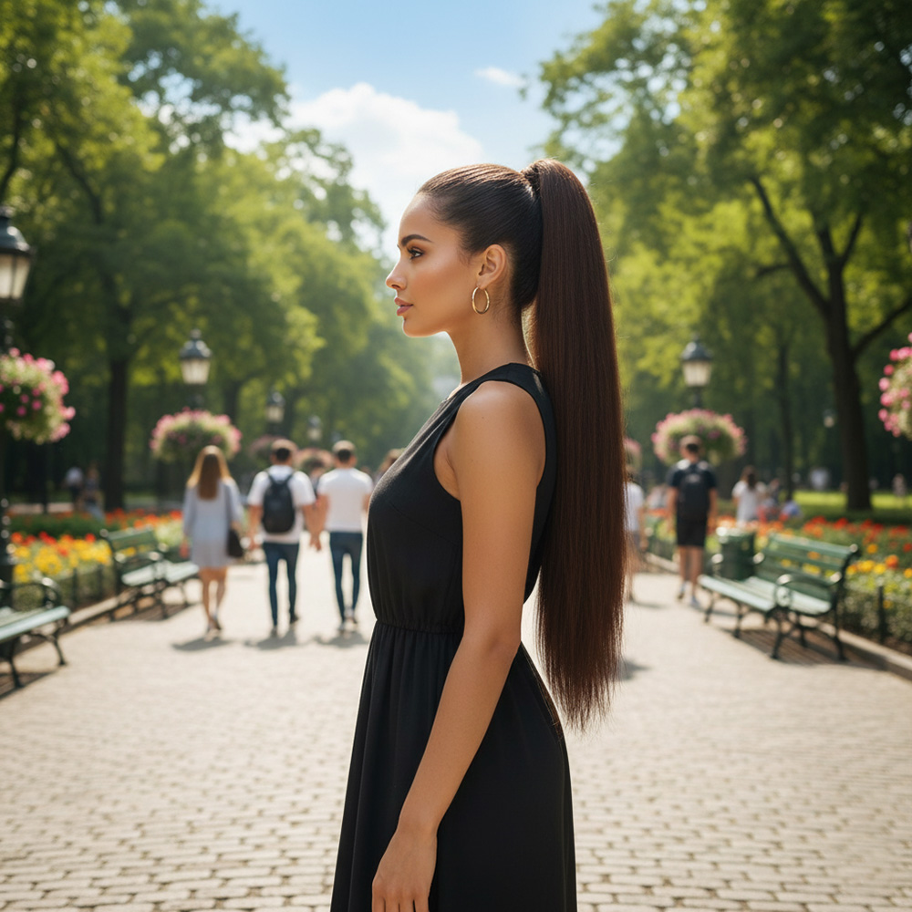 Lastik Tokalı At Kuyruğu Düz - Kahve Karamel