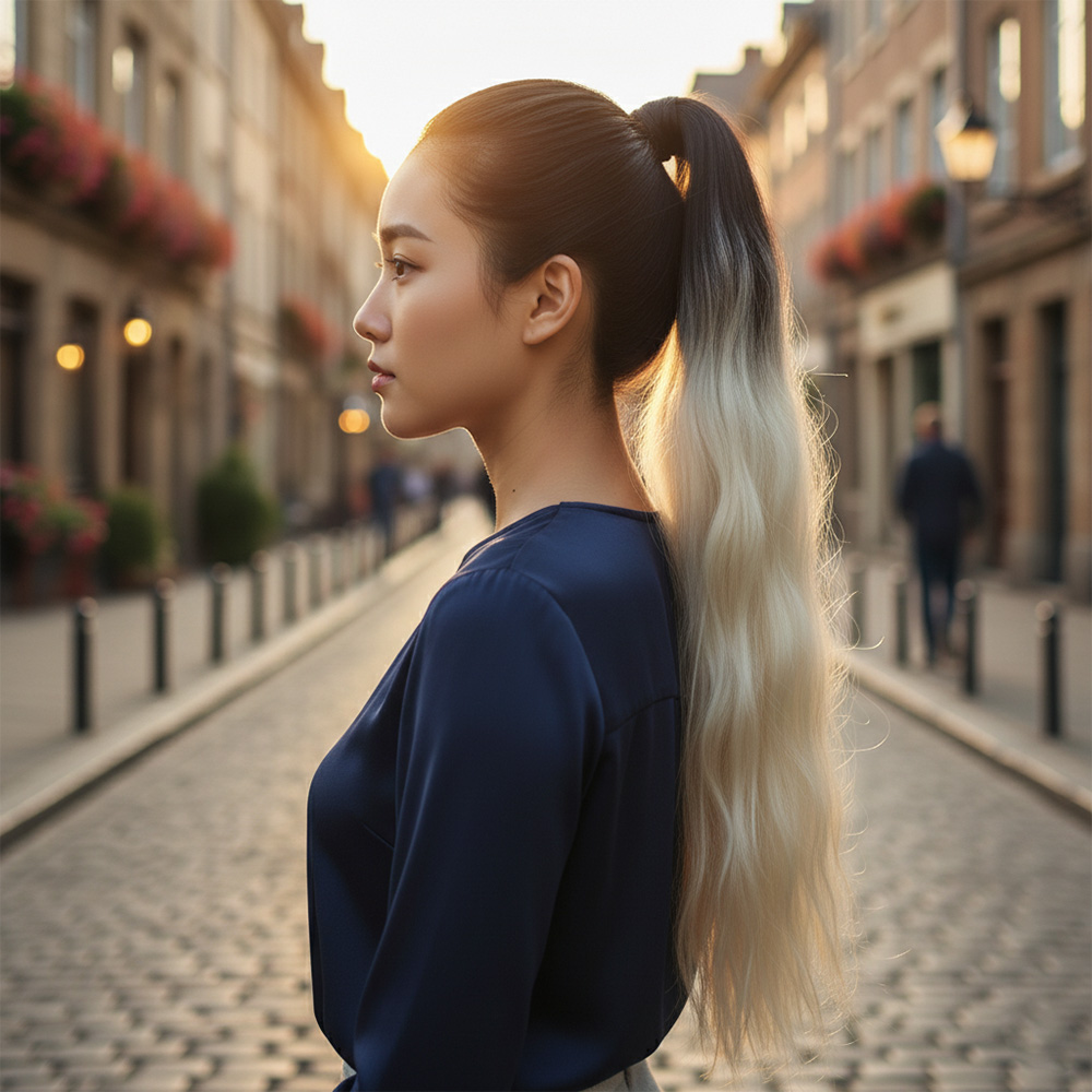 Lastik Tokalı At Kuyruğu Su Dalgalı - Siyah / Platin Ombre