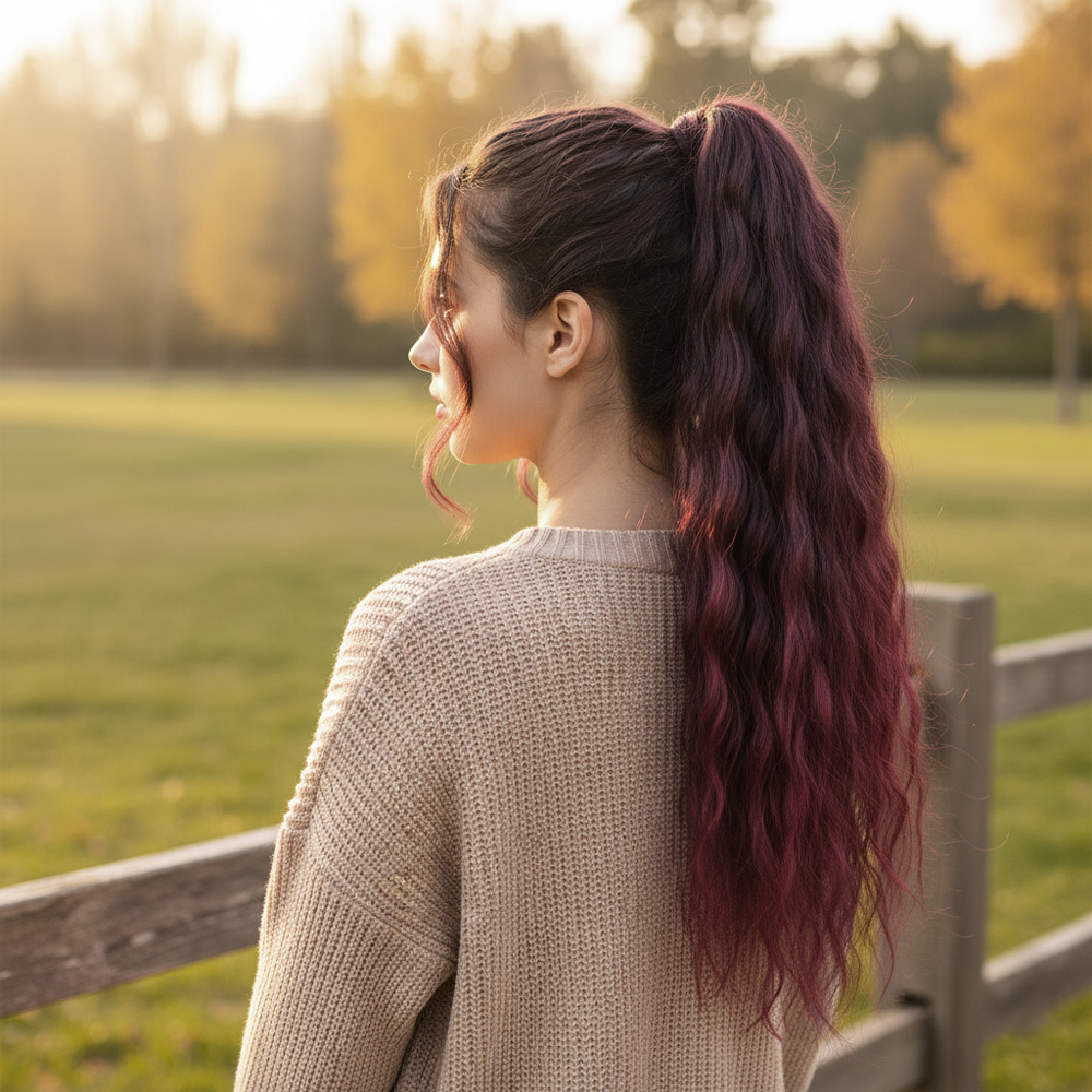 Bağlamalı Kabarık Dalgalı At Kuyruğu - Koyu Kızıl